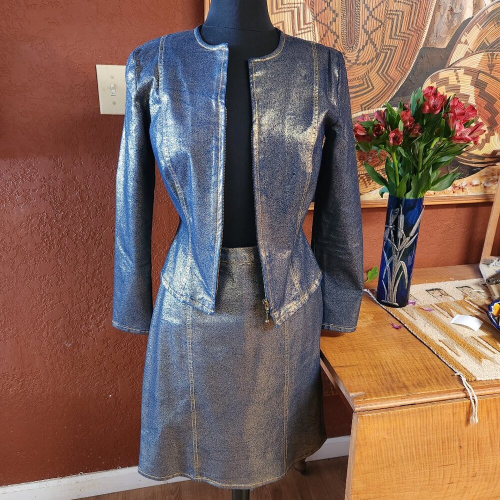 Vintage 90's Sketches shiny Stretch Denim Skirt & Matching Jacket CUTE Sz. 4